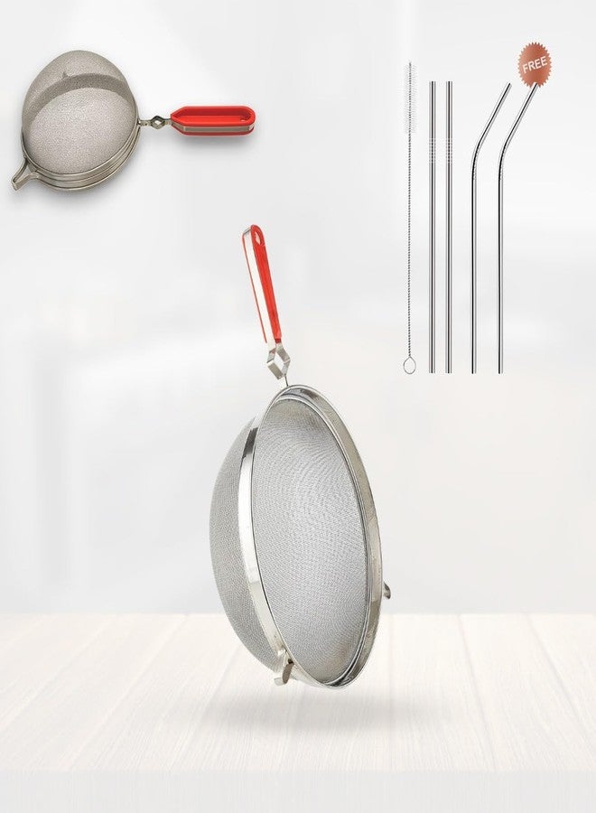 Ferohome 304 Stainless Steel Juice Strainer with Free Steel Silver Straw| Ultra-Fine Mesh Strainer/Sieve with Sturdy Handle |Multipurpose Filter Chalni for Soup, Lemon Water, Kadha,Coffee (9 No) - Image 1